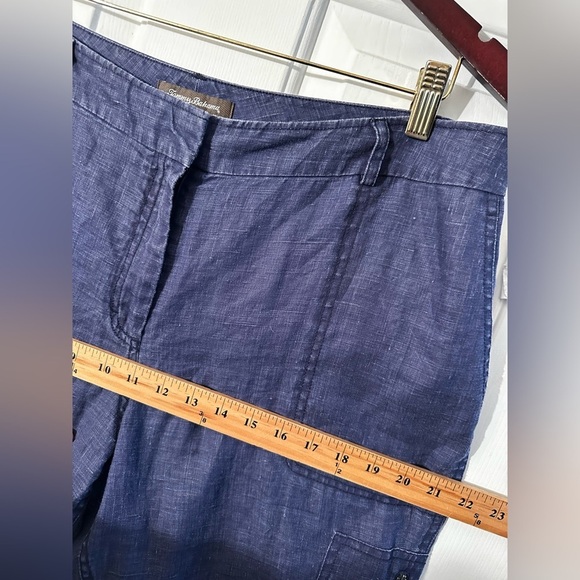 TOMMY BAHAMA 14 Coastal Indigo Blue 100% Linen Cropped Cargo Pants Zipper Pocket - Picture 11 of 13